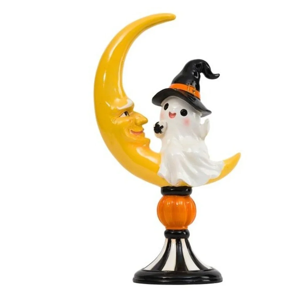 Mackenzie Childs Style Ghost Sitting on Moon Decor Halloween Figurine NEW